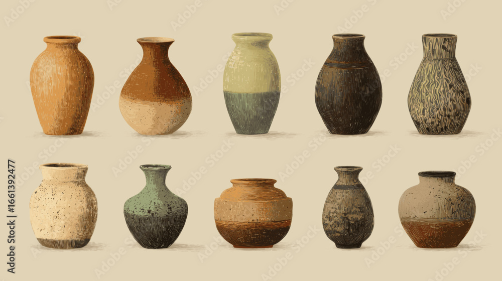Poster a set of ten vases with different colors and designs. the vases are arranged in a row, with some bei