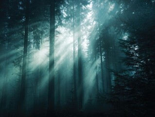 Mystical forest bathed in sunlight