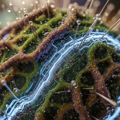 Intricate fusion of organic textures, water droplets, and luminous blue circuitry, depicting bio-digital integration.