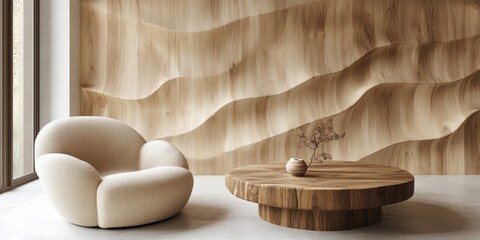 Beige curved lounge chair and a wooden round coffee table positioned against curved wavy wood paneling wall, embodying rustic minimalist home interior design for a modern room, Generative AI