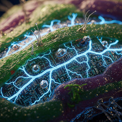 Close-up of a vibrant green and purple organic surface with intricate glowing blue circuitry and tiny sensors embedded within, illustrating bio-integrated technology.