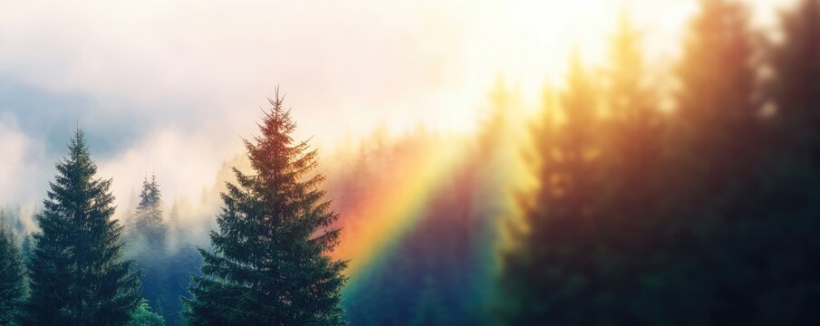 Misty forest sunrise rainbow - Powered by Adobe