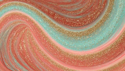 Abstract swirls of coral and teal colours with gold glitter.