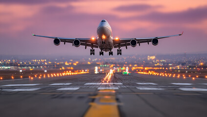 Naklejka premium Commercial airplane taking off from airport runway at dusk with city lights in background