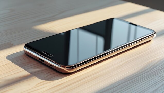 Modern smartphone on wooden table with sunlight reflections