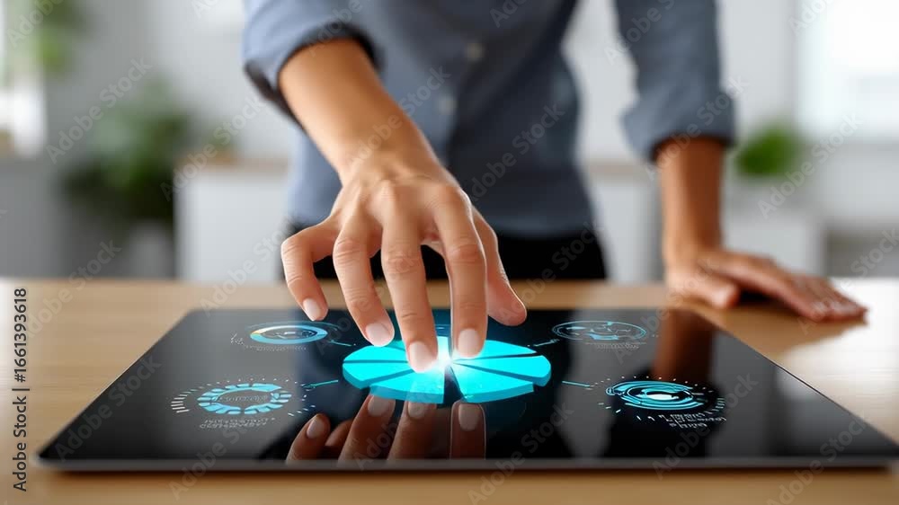 Poster hands engaged with touchpad showcasing digital data visualization. bright and open location emphasiz