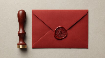 Elegant red envelope sealed with wax and classic wooden stamp on textured background