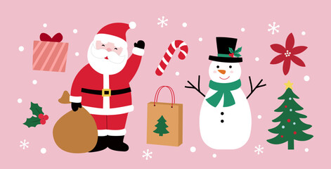 Set of Hand drawn winter christmas element flat vector illustration.
Collection of cute Santa Claus, snowman, poinsettia, Christmas tree, gift box, candy cane, holly, snowflakes, and shopping bag.