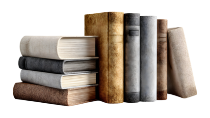 Stack of vintage books standing, isolated on a transparent background, concept of knowledge