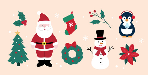 Set of Hand drawn winter christmas element flat vector illustration.
Collection of cute Santa Claus, snowman, penguin, poinsettia, Christmas tree, wreath, red berries, holly, gift box, stock.