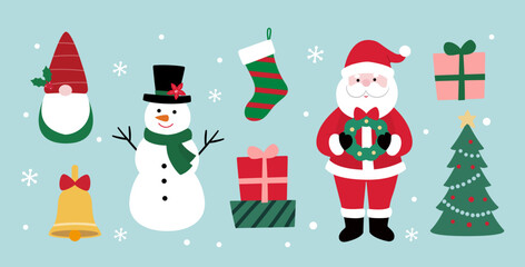 Set of Hand drawn winter christmas element flat vector illustration.
Collection of cute Santa Claus, snowman, gnome, poinsettia, Christmas tree, gift box, bell, Christmas stocking, snowflakes.
