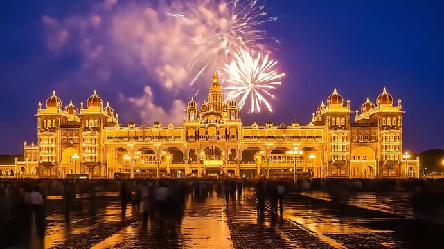 Magnificent mysore dasara fireworks over illuminated palace a grand indian festival and celebration cultural showcase of india heritage and royal traditions