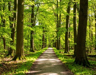 Fototapeta premium Sunlight filters through a lush forest path