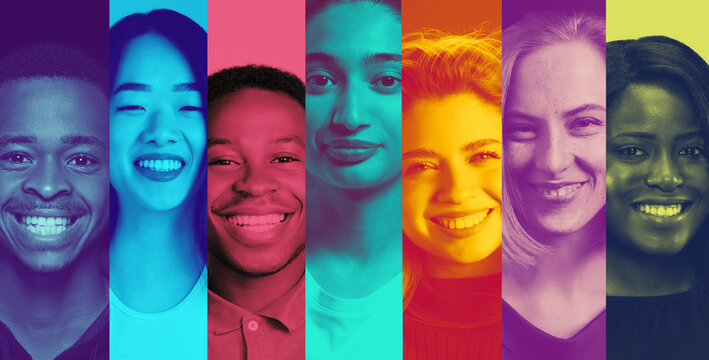 Artistic lineup of diverse people with positive emotion in multicolor gradient portrait style. Concept of creativity, diversity, inclusion, optimism, teamwork, society, connection and global unity.