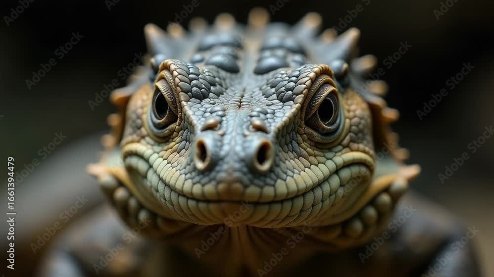 Poster close-up image of a lizard's face with distinctive features