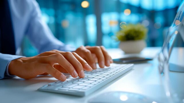 Hands engage with keyboard in collaborative work setting, focused on data insights. Bright office environment featuring charts on display. Concept of business, technology, teamwork