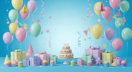 A cheerful birthday celebration scene, featuring pastel balloons, gifts, cupcakes, and a cake, arranged on a light blue backdrop.