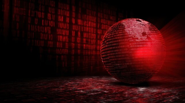 The digital globe surrounded by glowing binary code and vibrant red light.