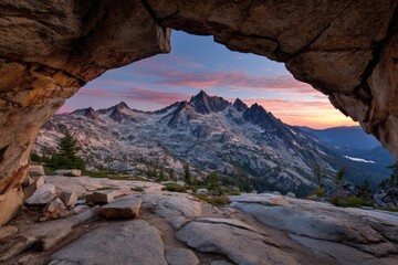 Obraz premium Rocky cave opening to mountain vista at sunrise