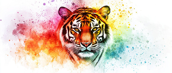 Majestic tiger portrait, vibrant watercolor splash art