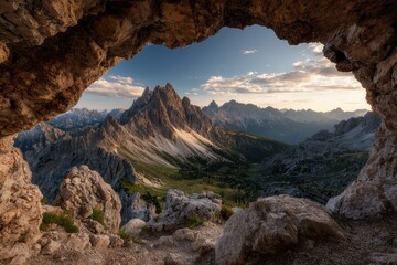 Obraz premium Mountain vista seen through rocky cave opening