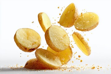 Falling raw potatoes isolated on white background with sliced into circles
