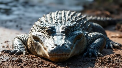 Obraz premium Wild saltwater crocodile basking near muddy river water