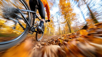 Dynamic side view of a cyclist pedaling fast through an autumn park with vibrant fall foliage
