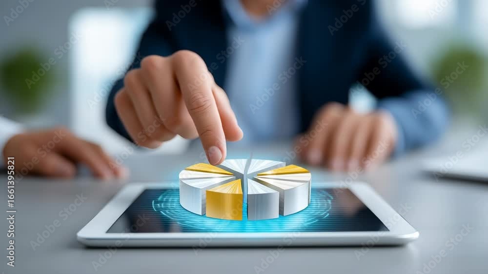 Poster Finger interacts with dynamic pie chart on tablet showcasing data analysis. Modern office environment with blurred background indicating a professional setting