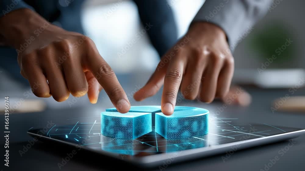 Poster hands touch a transparent holographic pie chart projected on tablet, highlighting data interaction a