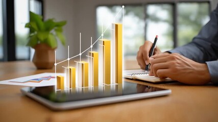 Bar graph illustrating business growth appears on tablet while person writes notes nearby. Warm indoor setting with natural light and wood table - Powered by Adobe