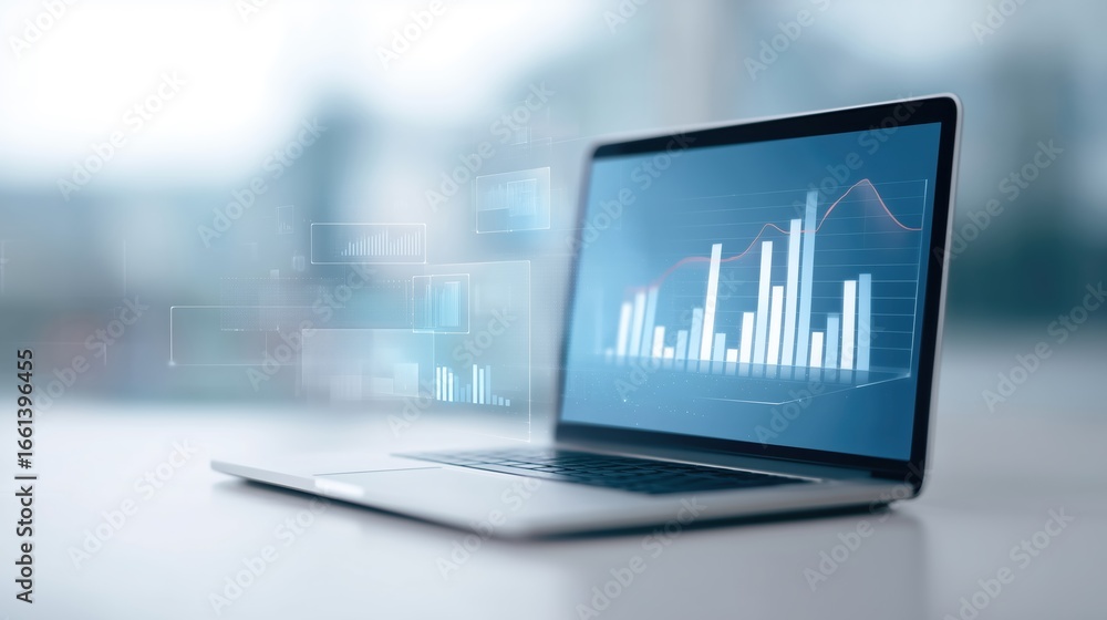 Aufkleber laptop displaying analytical data with graphs and charts, set against a blurred background, illustra