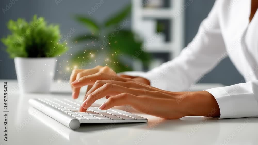 Poster hands typing on keyboard with magical sparkle effect emerging from fingertips. bright office space w