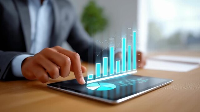 Business professional points at interactive tablet displaying digital growth charts. Modern office setting emphasizes innovation and technology in finance