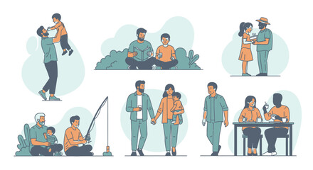 Diverse families enjoying quality time together in vibrant illustration, perfect for family-friendly content