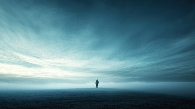A lone figure standing on a misty mountaintop at sunrise, vast open sky and rolling clouds, crisp cool tones, epic wide-angle composition, high contrast