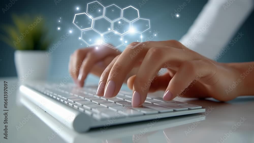 Poster hands moving swiftly over keyboard while digital hexagons appear above. bright workspace with plant 
