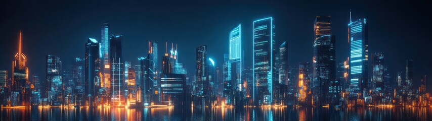 Fototapeta premium Futuristic City Skyline with Neon Lights Reflected in Water
