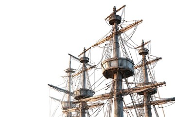 Tall Ship's Wooden Masts and Rigging Against White, Complex Detailed Design