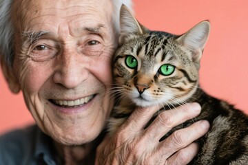 Elderly Man with Tabby Cat on Pink Background