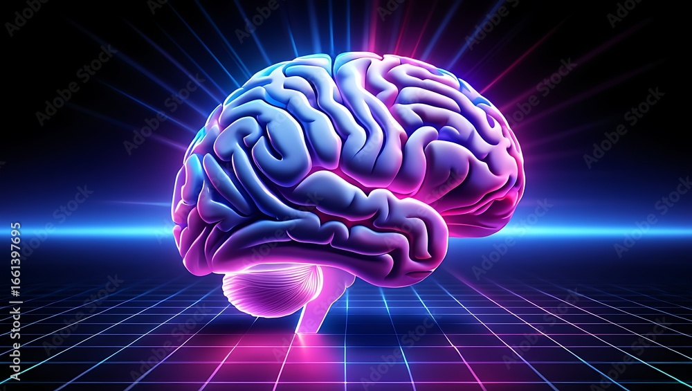 Poster vibrant neon illuminated human brain with glowing energy emanating from within symbolizing intellige