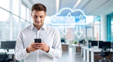 Young businessman using mobile phone connecting to cloud computing services in modern office with large windows and bright daylight representing data sharing