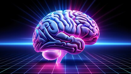 Vibrant neon illuminated human brain with glowing energy emanating from within symbolizing intelligence creativity and advanced technology on a digital grid