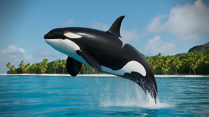 Fototapeta premium Spectacular Orca Breach Amidst Tropical Paradise A Majestic Display of Marine Life in Azure Waters and Lush Greenery