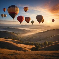 Fototapeta premium hot air balloons floating over valley at sunrise, dreamy landscape