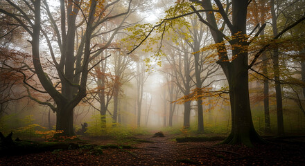Fototapeta premium Ethereal Misty Autumn Forest Path with Bare and Leafy Trees
