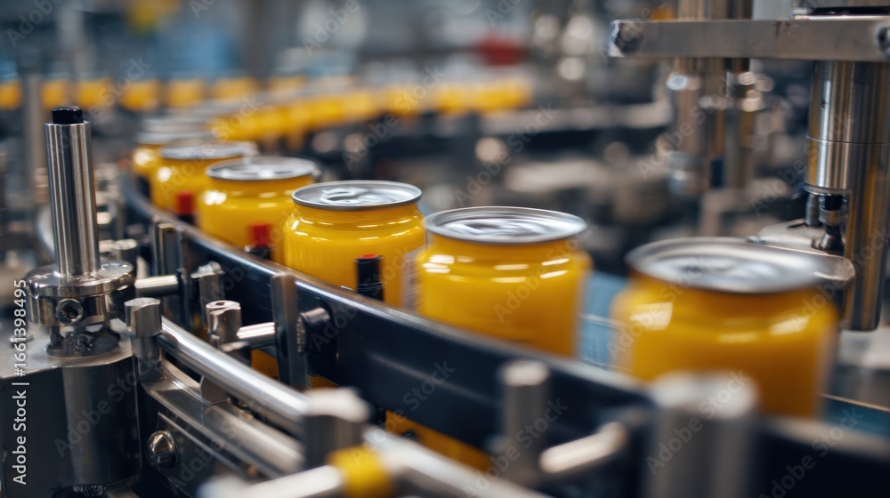 Poster medium shot concentrating on speed controls of canning machine with partially visible blurred cans m