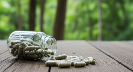 Nature's Remedy: Herbal Capsules Spilling from a Glass Jar onto a Rustic Wooden Surface.