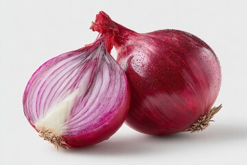 Red whole and halved onion isolated on white background