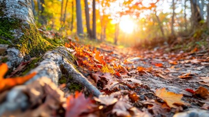 Narrow forest path with colorful fallen leaves, vibrant maple trees and warm sunrays casting highlights